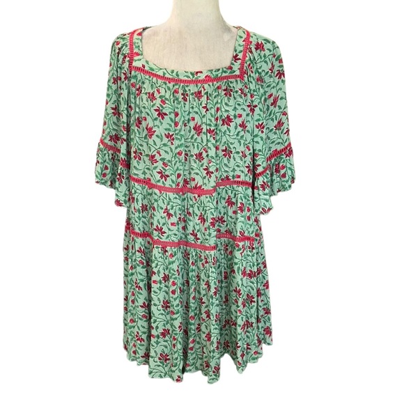 Celina Moon Green Pink Floral Crochet Lace Trimmed Tiered Crinkly Mini Dress - M - Picture 1 of 12